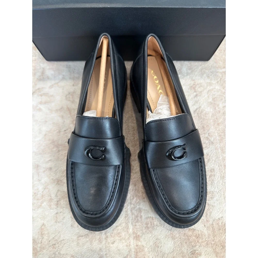 Coach Leah Leather Platform Lug Sole Loafers Black Size 7.5B